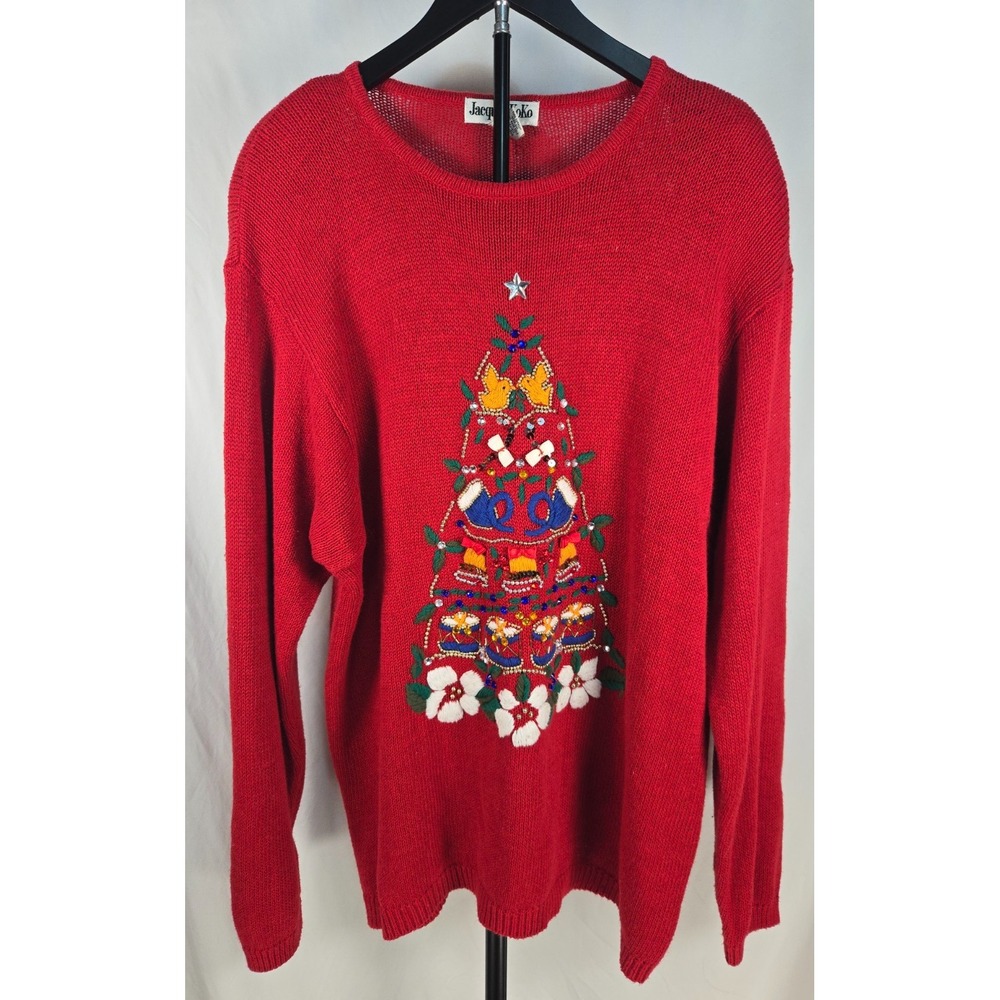 Vintage 1990s Jacque & KoKo Christmas Sweater 18/20 Plus Embroidered Beaded Tree